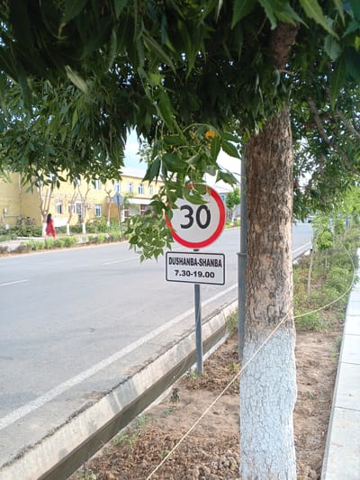 In a street scene in Dustlik, Uzbekistan, a speed limit sign is prominently displayed. The sign features a circular red border with the number "30" in black, indicating a speed limit of 30 kilometers per hour. Below this is a rectangular sign with text that appears to be in Cyrillic script, reading "DUSHANBA-SHANBA 7.30-19.00," suggesting the speed limit is enforced on weekdays (Dushanba is Monday, Shanba is Saturday) between 7:30 AM and 7:00 PM.
The speed limit sign is placed next to a tree with a partially whitewashed trunk, a common practice in some regions to protect trees. The tree has lush green foliage that partially obscures the sky, suggesting it's likely daytime. The street is paved, with a concrete drainage ditch running alongside it. In the background, a yellow building with multiple windows is visible, and a person in a red outfit is walking on the sidewalk. The overall impression is a quiet street on a clear day, with clear regulatory information provided by the signage.