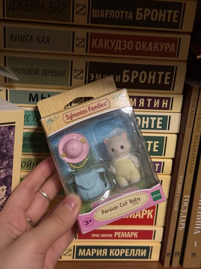 A hand with two silver rings is holding a Sylvanian Families Persian Cat Baby toy in its plastic packaging. The toy is a small, light-colored cat wearing a yellow onesie, a pink hat, and a blue backpack. The packaging is clear plastic with a beige cardboard backing featuring colorful floral accents and the Sylvanian Families logo. Below the toy, text on the packaging reads "Persian Cat Baby 5456" and a small green EPOCH logo. The background consists of a stack of books with Russian titles. The lighting is soft and ambient. The image does not contain any specific details that would allow for the identification of its location within Raivka, Ukraine.