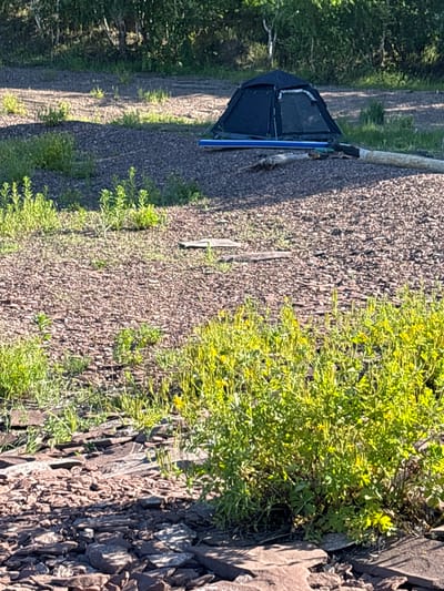 This media file depicts a dark-colored tent set up outdoors, possibly in a wilderness or campsite setting, given the surrounding natural elements. The tent is black and appears to have blue accents along its structure. It is placed on a surface covered with small, dark-colored rocks and gravel. To the right of the tent, there is abundant green vegetation, some of which has small yellow flowers, growing among larger, rough-textured rocks. The background shows more of the rocky ground and a dense area of green trees on the left side of the frame, suggesting a forested environment. The lighting indicates it is daytime, with sunlight casting shadows, particularly on the rocky terrain on the right. The overall scene conveys a sense of outdoor recreation or temporary lodging in a natural, rugged landscape. No people are visible in the image, and there is no visible text.