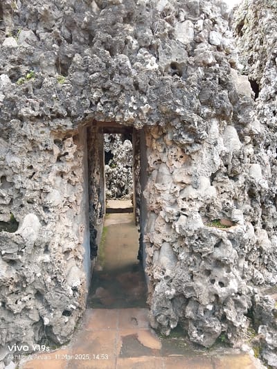 The image shows a narrow passageway formed by a rock wall. The passageway is lit by natural light and leads to a small courtyard behind the rock wall. The rock wall is composed of large, gray rocks, and there are small plants growing in the crevices between the rocks. The floor of the passageway is a mixture of dirt and small rocks. The location is in Cirebon, Indonesia. The coordinates are -6.736 latitude and 108.544 longitude. The image is taken from the point of view of someone standing in the passageway, looking towards the courtyard.