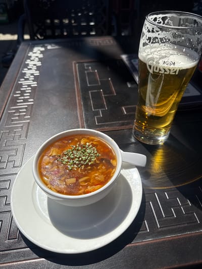 The image presents an overhead view of an outdoor dining setting featuring a glass of beer and a bowl of soup on a dark, patterned table. Bright sunlight casts strong shadows and reflections, indicating a clear and sunny day, likely mid-day or afternoon.
A tall, clear glass of light-colored beer, possibly a lager, occupies the left side of the frame. It has a generous head of white foam clinging to the sides of the glass. The brand name "Gösser" is prominently displayed in white lettering on the glass, along with the word "Brauerei" (Brewery) and the volume marking "0,5 l" (0.5 liters). The sun shining through the beer creates interesting light patterns on the table surface.
To the right, a white ceramic bowl with a handle holds a serving of hot soup. The soup is a rich, reddish-brown color, suggesting an Asian-style soup like hot and sour. It is garnished with finely chopped green herbs, likely chives or scallions, and visible ingredients within the broth include mushrooms and other darker pieces, possibly tofu or meat. The bowl rests on a simple white ceramic saucer.
The table beneath the items is dark, possibly made of metal, and features an intricate embossed geometric pattern that resembles a stylized Greek key or meander design. This pattern adds a decorative element to the surface. Partial views of another table or chair are visible in the blurred background on the left.
Considering the "Gösser" brand beer, which is Austrian, and the provided context, the scene is set in Hainburg an der Donau, Austria. The overall impression is of a casual and enjoyable outdoor meal on a pleasant, sunny day.