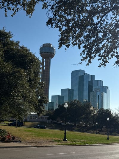 A cityscape features the Reunion Tower prominently, a spherical structure atop a tall, slender column. Adjacent to it, modern glass skyscrapers stand, reflecting the clear sky. Lush green grass and mature trees line the scene, suggesting a park setting. Streetlights with decorative globes punctuate the greenery. A paved road runs along the right edge, with parked cars visible in the distance. The composition is slightly tilted, offering an unconventional perspective.