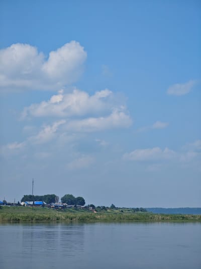 The image depicts a serene riverside scene in Pogodaevo, Russia. A wide, calm river occupies the foreground, its surface rippling gently under a vast, pale blue sky dotted with scattered white clouds. The middle ground reveals a lush green riverbank, densely covered with tall grasses and reeds. Beyond the vegetation, a small village is nestled on a gentle incline. Several houses with blue roofs are visible, along with other structures and trees that form a natural backdrop. A tall, slender tower, possibly a telecommunications mast, stands prominently among the buildings. The overall impression is one of rural tranquility.