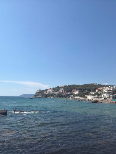 The image depicts a coastal scene in Castiglioncello, Italy. The foreground is dominated by the shimmering blue ocean with gentle waves, revealing the rocky seabed in some areas. Further offshore, a beach with loungers and umbrellas is visible, dotted with a few people enjoying the water, some swimming.
The background features a steep, tree-covered cliffside that rises dramatically from the sea. Nestled within the lush greenery are numerous white and pastel-colored buildings, forming a picturesque Italian village. These structures appear to be a mix of houses and perhaps hotels or apartments, cascading down the hillside towards the water.
The sky is a clear, vibrant blue, suggesting a sunny day with good weather. The time of day appears to be daytime, likely late morning or early afternoon, given the bright sunlight and the general activity. The overall impression is one of a serene and idyllic vacation destination, with a sense of tranquility and natural beauty. No text is visible in the image.