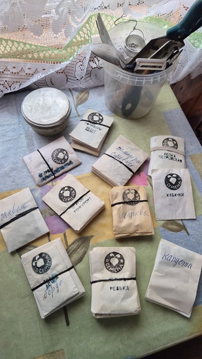 This media file depicts a collection of seed packets arranged on a colorful tablecloth, likely in a domestic setting in Машезеро, Russia. The packets are of various sizes and are held together by black rubber bands. Each packet features a circular stamp with a stylized image and the word "СЕМЕНА" (seeds). Some packets have handwritten labels in Russian indicating the type of seed, such as "РЕДЬКА" (radish), "КАБАЧКИ" (zucchini), "ПОМИДОРЫ" (tomatoes) with specific varieties like "БЕЛЫЙ НАЛИВ" and "сливки", "ОГУРЦЫ КОНКУРЕНТ" (cucumber competitor), "Капуста" (cabbage), "Марква" (likely a type of lettuce or herb), "щявель" (sorrel), and "бордо" (likely a type of beet). One packet has the handwritten word "Капуста" at the top, and another has "ДАЛЬНЕВОСТОЧНЫЕ" (Far Eastern), possibly referring to a variety.
In the background, on the left side of the image, a clear plastic container holds various kitchen utensils, including a peeler, a fork, and a spoon. A piece of white lace fabric with a green trim is also visible on the left, adding a touch of domestic detail. The lighting suggests it might be daytime, with natural light illuminating the scene. The overall impression is one of preparation for gardening or storage of seeds for future use. There are no people visible in the image.