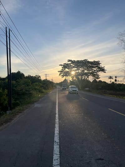 The image depicts a scenic rural road in Lhokdagang, Indonesia, at what appears to be sunset or sunrise. A paved road with a white center line runs through the frame, with lush green vegetation lining the left side. Tall utility poles with multiple wires stretch across the sky. Several vehicles, including cars and trucks, are visible on the road, suggesting active traffic. A large tree dominates the right side of the frame, its branches silhouetted against the warm glow of the setting or rising sun. Palm trees are also visible in the distance. The sky is a soft blue with streaks of white and yellow clouds. The overall atmosphere is serene and tranquil, characteristic of a rural Indonesian landscape.