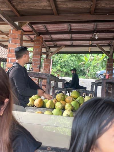 The image depicts an outdoor scene in Pekutatan, Indonesia, featuring a stall selling coconuts. In the foreground, a man wearing a black long-sleeved shirt is attending to a pile of green and brown coconuts. To the left, a portion of a woman's shoulder and head with brown hair is visible. In the middle ground, another man wearing a black cap and black clothing is seated on a wooden bench. He appears to be resting or waiting. Behind him, lush green foliage and trees form the background, suggesting a tropical environment. To the right, a dark-colored car is parked on a road. The stall itself is partially covered by a wooden roof supported by brick pillars. Several wooden tables and benches are arranged around the stall. Two condiment bottles, one red and one yellow, are visible on a table. The overall atmosphere is casual and appears to be a roadside vendor.