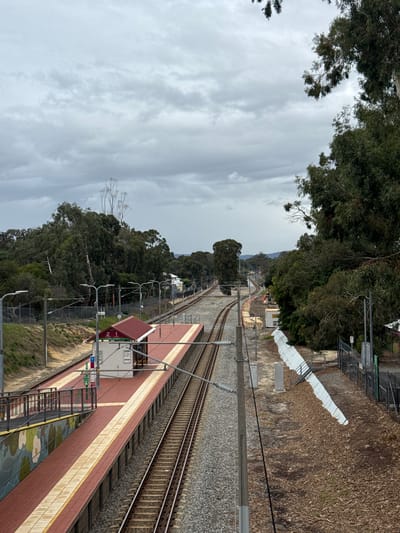 An elevated, downward-angled view shows the Bassendean train station in Bassendean, Australia. The station platform, predominantly in shades of red and tan brick, is visible to the lower right, with a shelter-like structure bearing the number "21" and signage. Tracks run parallel to the platform, extending into the distance, flanked by gravel and foliage. Trees line both sides of the tracks, with a backdrop of hills. The sky is overcast, with heavy cloud cover. Overhead electrical lines and support structures are visible along the tracks. A set of stairs leads down from the platform, and there is a decorative design on the lower portion of the platform.