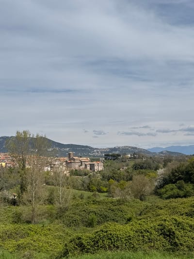 The image depicts Rignano Flaminio, Italy. The scene includes a mountain range in the distance, with green, lush vegetation covering the landscape to the right. A small town with buildings featuring red-tiled roofs can be seen in the center. A blue sky with white clouds occupies the upper left portion of the image. A few bare trees are visible in the foreground.