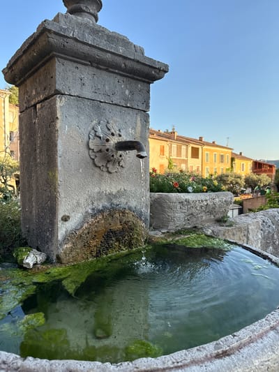 The image shows an old stone fountain with water flowing from a metal spigot into a basin. The fountain is located in Moustiers-Sainte-Marie, France, as evidenced by the background of traditional Provençal buildings. The fountain itself is made of weathered stone, with visible moss and mineral deposits. A decorative floral element surrounds the spigot. In the basin, the water is green with algae, and ripples are visible from the flowing water. Behind the fountain, a stone planter box overflows with colorful flowers, including red, pink, and yellow blossoms. Further in the background, a row of ochre and yellow buildings with tiled roofs lines a street. The sky is a clear blue. The scene appears to be bathed in the warm light of late afternoon or early morning. There are no people visible in the image.