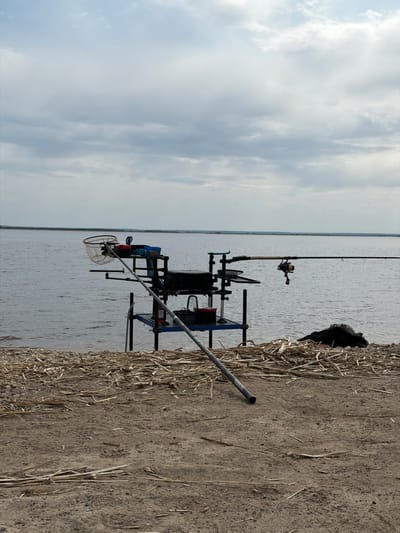 The image shows a fishing setup on the edge of a body of water, likely a lake or river. The scene is in Krasnyi Bor, Russia, according to the location information. The fishing gear includes a rod stand with multiple fishing rods, a landing net, and other accessories. The ground is sandy with some dry vegetation. The sky is overcast with clouds.