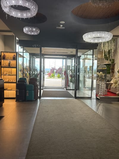 The image shows the entrance of a hotel in Ilidža, Bosnia and Herzegovina. The hotel appears to be a luxury establishment, as indicated by the large, ornate chandeliers hanging from the ceiling and the display of jewelry in a glass cabinet to the left. The entrance features automatic glass doors that open into a well-lit lobby. Several pieces of luggage, including two teal suitcases and several dark blue and brown suitcases, are neatly stacked near the entrance. A plush beige carpet covers the floor in front of the entrance, leading into the hotel. In the background, through the glass doors, a paved area with trees and vehicles can be seen, suggesting an outdoor environment. The overall impression is one of a modern and elegant hotel lobby.