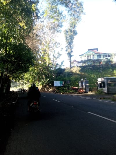 The image depicts a street scene in Khouathineung, Laos, viewed from a slightly elevated perspective, likely from a moving vehicle. In the immediate foreground, a person wearing a dark top and a light helmet rides a white scooter/motorcycle away from the camera on a paved road. The scooter's rear license plate "6877 A" is partially visible. The road features a solid white line to the left and a broken white line to the right. The left side of the road is heavily shaded by dense, green foliage and tall trees. Further down the road on the left, other vehicles, including cars and motorcycles, are partially visible in brighter light.
On the right side of the road, a steep, green, tree-covered embankment rises. A large billboard or sign with green and white elements is mounted on this embankment. Below the sign, near the base of the embankment, two small, dark, rectangular structures resembling guard posts or kiosks are present. Above the embankment, on the top of the hill, a multi-story house with a light-colored exterior and a prominent green roof is visible, featuring balconies and multiple windows. Another smaller building is partially visible behind it. The sky above is bright and clear, indicating daytime conditions.