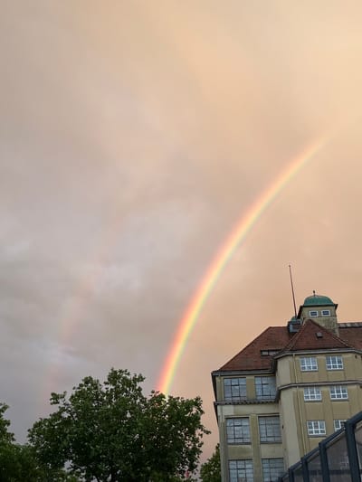 The properly oriented image captures a serene urban landscape in Landau in der Pfalz, Germany, showcasing a vibrant rainbow arching across a warm, pale orange-beige sky. The sky's hue suggests either dawn or dusk, with soft, diffused light breaking through overcast clouds, typical conditions for a rainbow.

The primary subjects are the rainbow, a distinctive building, and a lush tree. The rainbow stretches prominently from the left side of the frame, curving gracefully towards the right, seemingly behind a multi-story building. This building, positioned on the right side of the image, exhibits older European architectural styles, featuring a red-tiled gabled roof, light-colored walls, and a variety of windows, some with white frames. A small, greenish-domed cupola or turret with tiny windows, along with a flagpole, is visible near the top of the building.

In the lower right foreground, a mature tree with dense, verdant green foliage adds a natural element to the scene. No specific human activity is depicted; the focus is on the natural phenomenon of the rainbow against the backdrop of the city architecture. There is no visible text in the image. The overall impression is one of tranquil beauty after a rain shower.