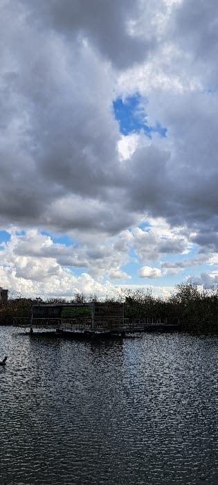 The image depicts a body of water in Hod HaSharon, Israel, under an overcast sky dominated by large, dark grey cumulus clouds, with several patches of bright blue sky visible, most notably in the upper center. The lower half of the frame is occupied by dark, rippled water. In the middle ground, near the far bank, a weathered, rectangular structure, possibly a floating platform or part of a small building constructed from wood or metal, is situated on the water. Green foliage is visible on and immediately around this structure. Dense, mixed green and brownish vegetation lines the distant bank behind the structure. A small, dark, indistinct object is partially visible in the water in the lower-left quadrant. No human figures are present.
