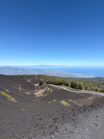 The image shows a volcanic landscape with a clear blue sky. In the foreground, the ground is covered with dark volcanic rock and ash. A dirt road winds its way up the side of the volcano, with sparse green vegetation growing in patches. In the middle ground, a line of trees forms a transition to a distant view of mountains and the sea. The sea is a deep blue, and a coastal city can be seen in the distance. The overall impression is of a remote and rugged natural environment. The scene is likely from Mount Etna, a volcano located near the city of Linguaglossa, Italy.