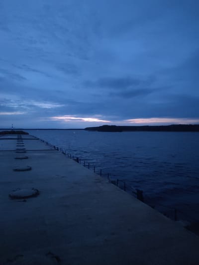 The photograph depicts a pier or breakwater extending into a body of water, possibly a lake or river. The time of day appears to be dusk or early evening, given the low light and blue-toned sky. The sky exhibits a gradient of color, with a lighter band near the horizon and darker hues above. Clouds are present, adding texture and depth to the sky. The body of water is dark and slightly choppy, reflecting the dim light. A strip of land with trees lines the horizon. The pier is made of concrete and has evenly spaced circular features, possibly manhole covers or access points. There is a railing along the pier's edge on one side.
While the provided location is Topornya, Russia, there is no explicit visual confirmation of this from the image itself.