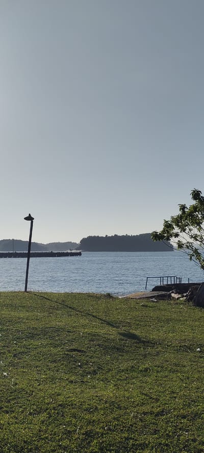 The image depicts a tranquil waterside scene, likely located in or near Calang, Indonesia, characterized by a calm body of water under a clear, pale blue sky. In the foreground, a patch of lush green grass slopes gently towards the water's edge. A dark, slender lamppost stands prominently on the left side of the frame, casting a long shadow across the lawn. The water itself is a serene blue, with gentle ripples suggesting a slight breeze. In the distance, a long pier extends into the water, with faint silhouettes of what appear to be small boats or structures visible along its length. Across the water, a densely forested hillside forms a natural backdrop, its contours softened by the distance and atmospheric haze. To the right of the frame, the branches of a leafy tree extend into the scene, providing a touch of natural detail against the expansive sky and water. A small, rustic bench or seating area is visible near the water's edge on the right, hinting at a place for quiet contemplation or relaxation. The overall impression is one of peaceful natural beauty and a serene waterfront environment.