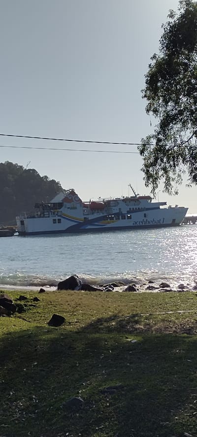 A large, white and blue ferry, identified by the text "acehhebat 1" on its hull, is docked at a pier under a clear, pale blue sky. The ferry is positioned at an angle, with its bow pointing towards the right of the frame. The vessel has multiple decks, lifeboats visible along its side, and a prominent, colorful emblem on its stern. In the foreground, a grassy bank slopes down to a rocky shoreline where small waves are breaking. Lush green foliage, likely trees, partially obscures the view on the right side of the image. The background features a densely wooded hillside. The overall scene suggests a sunny day at a coastal location.