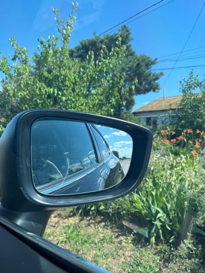 A car's side-view mirror reflects a clear sky with scattered clouds, the reflection of the car's interior, and a glimpse of the road and surrounding greenery. Outside the mirror, the scene depicts a sunny day with lush green trees and vegetation. In the background, a house with a light-colored roof is visible amidst the foliage. Orange flowers bloom among the green plants. Power lines are also present in the sky. The image appears to be taken from within a moving vehicle, suggesting travel. The overall impression is of a bright, summery day in a semi-rural or suburban setting. No visible text is present in the image.