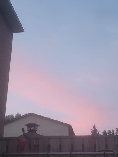 The image shows a suburban backyard scene at dusk, featuring a two-story house with a chimney and a wooden fence in the foreground. A red bird feeder is visible on the left side of the fence. The sky is a gradient of light blue and pink, indicative of sunset. The brick exterior of a house is partially visible on the left edge of the frame. The scene appears to be located in the city of Vaughan, Canada.