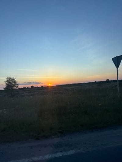The image depicts a rural landscape in Orlivka, Ukraine, during sunset. The sky transitions from a clear light blue at the top to warm orange and pink hues near the horizon. A solitary tree stands on the left side of the frame, silhouetted against the colorful sky. The middle ground is a field of tall grass and scattered bushes. A road with a white line is visible in the foreground. On the right side of the image, a triangular road sign on a pole is partially visible against the sky. The overall scene conveys a sense of tranquility and natural beauty as day transitions into night.