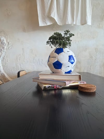 A stack of books, a woven coaster, and a soccer ball planter with a small plant sit on a dark wood table in front of a textured white wall. A white cloth hangs in the background. The scene is indoors and appears to be a still life arrangement.