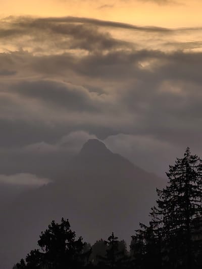 The image captures a serene mountain landscape bathed in the warm glow of twilight. In the foreground, silhouetted pine trees stand tall, their dark forms contrasting with the softly lit sky. The mid-ground is dominated by a mountain peak emerging from a layer of misty clouds, its summit catching the last rays of the sun. The sky above is a canvas of muted orange and gray, with wispy clouds creating a dramatic backdrop. The overall scene evokes a sense of tranquility and the majestic beauty of nature. The location is identified as Aleo, India.