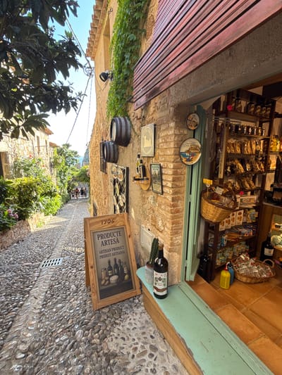 The image shows a narrow, cobblestone street in Tossa de Mar, Spain, lined with stone buildings adorned with greenery and decorative items. On the right side of the street, a shop with an open doorway displays a variety of products on shelves. These products include bottles of wine, jars of preserves, and packaged goods. A wooden sign in front of the shop advertises "PRODUCTE ARTESA - ARTISAN PRODUCT - PRODUIT ARTISANAL" with an illustration of wine bottles and jars. A bottle of "MIRO" wine and a potted cactus sit on a light blue wooden ledge in front of the shop. In the background, several people are walking up the street. The atmosphere appears to be that of a charming, historic European town.