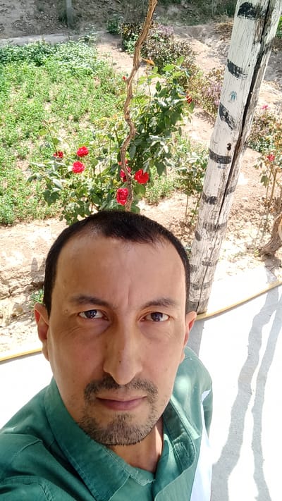 A man is taking a selfie outdoors, with a rose bush and a weathered wooden post in the background. The man is wearing a green collared shirt and has short dark hair and a goatee. The environment appears to be a garden or park, with a paved area in the foreground. The image quality is somewhat grainy, with harsh sunlight creating strong shadows. The city of Gagarin, Uzbekistan, is known for its agricultural and industrial activities, but this specific scene does not provide any definitive clues to its exact location within the city.