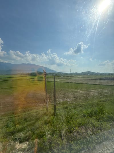 An eye-level outdoor shot captures a sunlit rural landscape in Nam Ninh Hòa, Vietnam. The sky is a bright blue with scattered white cumulus clouds and the sun shining intensely from the upper right corner, casting lens flares and streaks across the image. In the middle ground, vast, green rice paddies are laid out, some appearing flooded and reflecting the sky. Several power lines crisscross the fields. In the foreground, two wooden posts stand vertically, one with a circular metal object attached. The background features rolling hills and distant mountains. The overall impression is one of a bright, sunny day in a cultivated agricultural area.