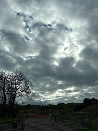 The image depicts a landscape under a dramatic, overcast sky. The cloud cover is heavy and textured, with varying shades of grey and some brighter patches suggesting sunlight trying to break through.
In the foreground, the bare branches of a tree are silhouetted against the sky, indicating it is likely winter or early spring.
To the right of the frame, there is a fence structure, likely a metal gate, suggesting a boundary or enclosure. Beyond the fence, there is a sloping green hillside with trees. A road or pathway is visible along with some buildings in the background.
The photograph appears to have been taken in Minsterley, United Kingdom.