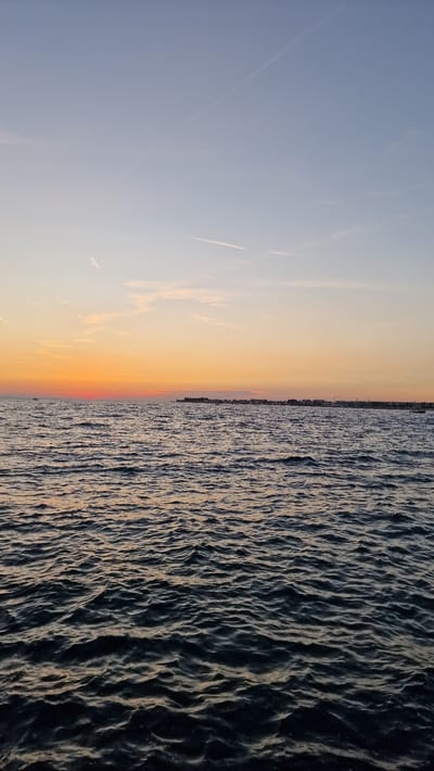 This is a photograph of a body of water, possibly the Adriatic Sea, at sunset. The image is oriented vertically, with the sky on the left and the water on the right. The sky transitions from a pale blue at the top to a vibrant orange and pink near the horizon, indicating it is either sunrise or sunset. Faint contrails from aircraft are visible in the sky.

The water surface is choppy, with waves creating a textured, dark pattern. The setting sun's light reflects on the crests of the waves, highlighting their undulating forms. In the distance, along the horizon, a faint silhouette of a coastline with buildings can be discerned. This suggests a populated area, possibly a city or town.

The time of day is clearly sunset or sunrise due to the colors in the sky and the lighting on the water. The weather appears clear, with no visible rain or clouds other than the wispy formations in the sky. The location cues of a coastline and the body of water are consistent with Zadar, Croatia, which is situated on the Adriatic coast. There is no text visible in the image. The overall mood evoked by the image is one of tranquility and natural beauty.