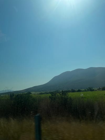 The original image is a vertically oriented landscape photograph, which appears to have been taken horizontally and then rotated. If rotated 90 degrees clockwise, the image displays a broad, sunlit landscape.

The upper half of the frame is dominated by a clear, light blue sky, with a strong sunburst emanating bright rays from the upper-left corner, indicating a sunny daytime scene. A long, undulating mountain range stretches horizontally across the middle of the photograph, its peaks and slopes appearing hazy with a muted green-grey tone.

Below the mountain range, the lower half of the image showcases expansive fields of green and golden-brown vegetation, possibly agricultural land or natural grasses. A band of darker green foliage, likely trees or dense bushes, runs along the base of the mountains. The vegetation on the far right side of the image appears slightly blurred with vertical streaks, suggesting motion, which indicates the photograph was likely taken from a moving vehicle. A dark, indistinct, and blurry object, possibly a part of the vehicle's frame or a nearby pole, is partially visible on the bottom-right edge of the foreground.

The overall scene conveys a sense of vast natural beauty and open spaces under clear weather conditions, characteristic of a mountainous and rural region. There are no visible people or discernible text in the image. The geographical context is Tlaquiltenango, Mexico.
