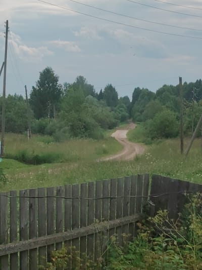 A rural dirt road winds through a grassy field bordered by a weathered wooden fence in Shaklei, Russia. The sky is overcast with scattered clouds. Trees and foliage line the sides of the road. Several utility poles with wires are visible on either side of the road. The scene appears to be a natural, undeveloped area.