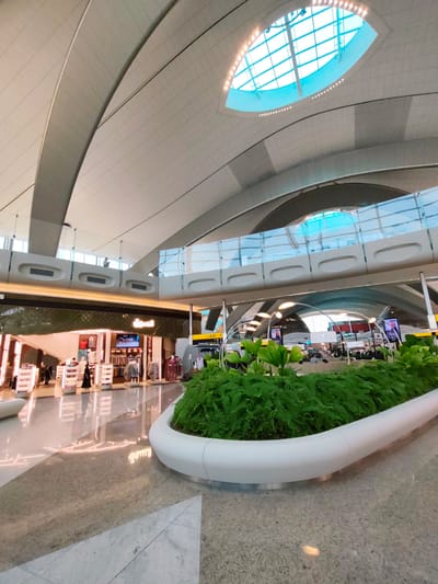 The image depicts the interior of a modern airport terminal in Al Matar, United Arab Emirates. The architecture is characterized by a high, curved ceiling with a large, eye-shaped skylight that allows natural light to enter. The floor is polished, reflecting the overhead lighting and architectural elements.
In the foreground, a large, white, curved planter filled with lush green ferns and plants adds a touch of nature to the otherwise sleek environment. To the left, a section of a retail area is visible, featuring illuminated display shelves stocked with various products, likely cosmetics or perfumes, as well as clothing racks displaying garments. A few individuals are seen browsing or working in this area.
Further into the terminal, an elevated walkway or bridge with glass railings spans across the space, offering a view of another level. On this upper level, there are more retail spaces and signage, including an "AD" sign pointing towards a direction. Various light fixtures are strategically placed throughout the terminal, some with a modern, artistic design. Digital screens displaying information or advertisements are also visible. The overall impression is one of a spacious, well-lit, and contemporary airport environment.