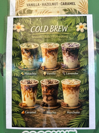 The image is a close-up shot of a printed menu depicting cold brew coffee drinks. The menu features six different flavors of cold brew: Lavender, Horchata, Vanilla, Mocha, Pistachio, and Caramel. Each flavor is represented by a plastic cup filled with a drink that visually corresponds to its name. The cups are arranged in two rows of three, surrounded by a background of lush green tropical foliage and white flowers, creating a vibrant, natural aesthetic. The text "COLD BREW" is prominently displayed in a stylized font, followed by the description "Smooth • Bold • Refreshing". A portion of another menu is visible to the left, displaying a list of sugar-free options: VANILLA, HAZELNUT, and CARAMEL. The location is Davie, United States of America.