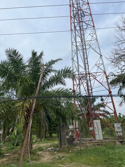 The image shows a telecommunications tower situated in a rural area, likely Tanahterban, Indonesia. The tower, predominantly red and white, is a lattice structure with a ladder ascending its side. At its base, several white electrical boxes are enclosed within a fenced area. Several palm trees, some with broken fronds, surround the tower, and overhead power lines traverse the sky. The ground is covered with grass and dirt, with scattered debris indicating a somewhat unkempt environment. The sky is overcast with a light blue and white cloud cover. The scene captures a functional piece of infrastructure within a natural, tropical setting.