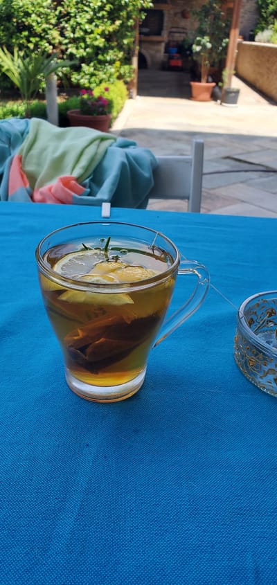 A glass pitcher filled with iced tea, lemon slices, and rosemary sprigs sits on a bright blue tablecloth. The pitcher has a clear glass handle and is slightly tilted, showing the amber-colored liquid within. A small, ornate glass dish with a gold pattern is visible in the upper right corner, partially resting on the tablecloth. In the background, a lush green garden with flowering plants and terracotta pots is visible. A few pieces of folded clothing, in shades of light blue, green, and pink, are draped over a white chair to the left of the pitcher. The scene appears to be set outdoors during the day, with natural light illuminating the pitcher and its contents. The overall impression is one of a refreshing, leisurely moment in a garden setting, possibly in Nea Santa, Greece, given the location context.