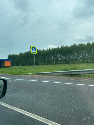 The image depicts a roadside scene in the city of Ural, Russia. A pedestrian crossing sign, square with a bright yellow border and a blue symbol of a person walking, is prominently displayed on a metal pole. To the left of the sign is a low, rectangular building with orange and dark blue sections. A dense line of tall, green trees forms a backdrop behind a grassy field. A silver metal guardrail runs along the edge of the asphalt road, which has a white line marking its center. The sky is overcast with gray clouds. The perspective suggests the photo was taken from a moving vehicle, as the car's side mirror is visible in the lower left corner of the frame. The road surface appears wet, indicating recent rainfall.
