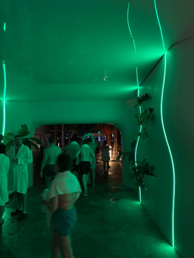 The image captures a curvilinear passageway within what appears to be a spa or aquatic facility in Săftica, Romania. The scene is bathed in a dominant green light emitted from flexible LED strips embedded along the ceiling and walls, which are otherwise light-toned. The floor is dark, exhibiting reflective wet areas. Live green foliage, resembling vines, is integrated into the design of the right wall, following the path of a vertical LED strip.

Multiple individuals are present, primarily in swimwear or bathrobes. In the foreground, a person, motion-blurred, is seen from behind, wearing a light-colored top, dark shorts, and a white towel draped over their shoulders. To the left, a male in a white bathrobe stands, holding a clear glass. A group of approximately six to eight individuals, mostly male and shirtless in dark swim trunks, are walking away from the viewer, moving towards an arched opening at the end of the passageway. Some of these individuals have white towels over their heads or shoulders.

Beyond the archway, an exterior area is visible under artificial illumination against a dark background, indicating nighttime. This area features large, dark-leaved plants, likely palm trees, and distant structures with visible lights. A green-lit exit sign is mounted above the archway. The overall impression is that of a transition zone within a recreational complex, with people moving from an interior space to an outdoor section.