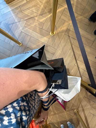 A first-person perspective shows an arm laden with shopping bags from various stores. The bags, some black and some white, are hanging from the arm, with their handles creating multiple loops. A patterned blue and white dress is visible. The backdrop includes herringbone-patterned flooring, stanchions with a dark blue belt, and golden poles marking a queue or waiting area.