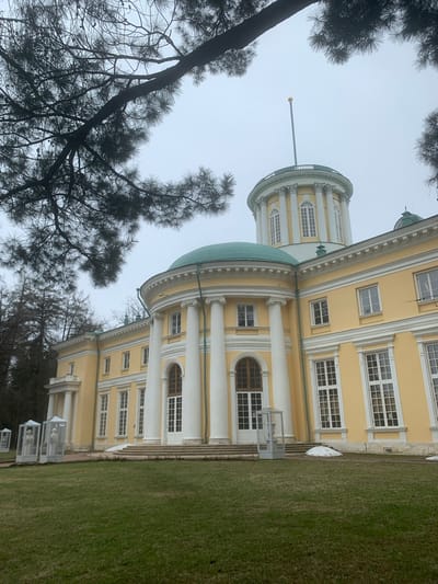 The image shows a portion of the Palace of Arkhangelskoye, located in the city of Arkhangelskoye, Russia. The building features yellow walls, white columns, and a distinctive rotunda-shaped tower with a green dome. The building is surrounded by green grass. A tree with bare branches is visible in the foreground on the left side of the image. The sky appears overcast.