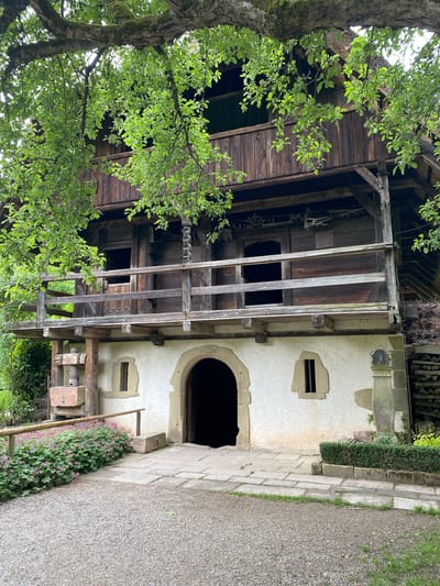 A rustic, historic building stands in Gutach (Schwarzwaldbahn), Germany. The structure combines dark wooden construction on the left side with a light-colored, stucco-like finish on the right. An open, arched entrance leads into the building's depths. Above the entrance are two small, rectangular windows. A wooden framework extends from the wooden part of the building towards the stucco side. A tree with bright green foliage partially obscures the left side. A cobblestone path runs along the right side of the building. There are small purple flowers growing along the base of the building on the right.