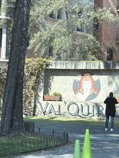 A sign for "VAL D'OUR" features an emblem of a woman with wings. A person in a dark coat and jeans stands in the background. The sign is set against a textured wall. A tree trunk appears in the foreground. Vegetation grows around the sign. Green traffic cones stand on a paved area, near a metal bench. Buildings are visible in the background, partially obscured by foliage.