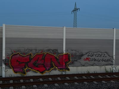 The image depicts a section of a modern, grey, horizontally slatted sound barrier erected alongside a railway track. The barrier is divided into two horizontal sections, with the upper section being a lighter shade of grey than the lower section. Graffiti adorns the lower portion of the barrier. On the left side of the barrier, large, bold red graffiti with a yellow and pink outline spells out what appears to be "COW" or similar lettering. To the right of this, within a grey cloud-shaped spray-painted area, is further graffiti in black lettering reading "HETZEL" and below it, in red, "UNVERGESSSEN." A small white marker labeled "320" is visible to the left of the red graffiti, and another labeled "318" is to the right of the cloud-shaped graffiti.
In the background, a clear, deep blue sky is visible, with a single electrical pylon and overhead power lines stretching across the horizon. The railway track in the foreground consists of weathered brown wooden sleepers and dark grey ballast. Small green plants are growing at the base of the sound barrier. The overall scene suggests an urban or industrial fringe setting, consistent with areas found in Forchheim, Germany, where such infrastructure is common. There are no people or animals present in the image, and the focus is on the static elements of the environment and the graffiti.