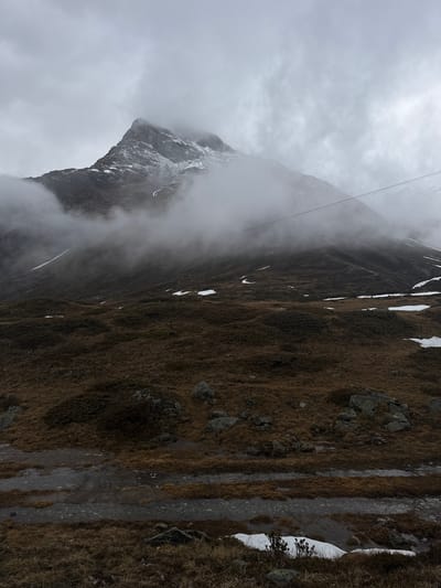 The image presents a dramatic and misty alpine landscape, likely in the region of Pontresina, Switzerland, given the context. The photograph appears to be taken from a slightly elevated position, looking across a rugged terrain under an overcast sky.
On the left side of the frame, a towering, dark grey mountain dominates, its peak and upper sections partially enveloped by swirling white and grey clouds or thick fog. Scattered patches of snow are visible clinging to the mountain's slopes and rocky outcrops, hinting at a high altitude or cold conditions. Two thin, parallel cables, characteristic of a gondola or ski lift, stretch diagonally from the upper left into the misty expanse towards the mountain, suggesting nearby infrastructure for mountain access.
The right side of the image features a steep, expansive slope covered predominantly in dry, golden-brown and darker brown grasses, indicative of autumn or early winter vegetation. This grassy terrain is interspersed with numerous grey rocks and boulders. Several distinct patches of white snow are dotted across the slope, contrasting with the warm tones of the grass. A lighter-colored, wet-looking path or stream bed runs vertically through the grassy slope in the lower right quadrant. Sparse, dark green shrubbery can also be observed near some of the snow patches on the slope.
The sky is uniformly overcast and light grey, blending with the clouds that obscure parts of the mountain, creating a moody and atmospheric ambiance. No human activity or individuals are visible in the scene. The weather is cool and damp, with diffuse daylight. There is no visible text.