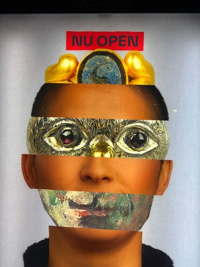 This is a photograph of a collage artwork, presented as if it were displayed on a wall. The collage is a surreal portrait of a face constructed from disparate elements. The topmost section features a red rectangular sign with white text reading "NU OPEN". Below this, a golden crown-like ornament adorns the forehead, with two heart-shaped elements on either side and a central circular element with a blue, textured surface. The face is then divided horizontally into three further sections. The uppermost section of the face shows smooth, tanned skin with fine hairs. The middle section reveals a highly detailed, metallic eye with intricate patterns and a dark gemstone pupil. The section below the eye displays more tanned skin, showing part of the nose and ear. The lowest section of the face is replaced by a textured, painted surface that appears to depict a mouth with smudged colors, predominantly green and red. The bottom of the collage shows the chin and neck area, with the edge of dark, fuzzy fabric at the bottom left. The background of the photograph is a light, textured grey surface, with a black border at the top suggesting it is a framed piece or part of a larger display. There is a faint "JCDecaux" logo visible at the very top of the image, indicating this is likely an advertisement panel in the city of Arnhem, Netherlands.