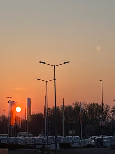 The image depicts an outdoor commercial or industrial property in Grünstadt, Germany, observed during either sunrise or sunset. The sky presents a gradient from a pale blue-grey at the zenith to a vibrant orange-red near the horizon. A distinct bright circular sun is positioned low on the left horizon, partially obscured by a vertical orange banner. A faint white contrail streaks across the upper-middle sky, and a diffuse bright circular object, consistent with the moon or a lens flare, is visible in the upper-right.
Multiple dark, tall streetlights are present, including a central streetlight with two upward-angled luminaires. Several vertical banners or flags are erected across the midground; one on the left is prominently orange, reflecting the sunlight, while others display yellow and green elements or are silhouetted.
In the lower midground, numerous pallets stacked with white-bagged materials, consistent with landscaping or construction supplies, are arranged in rows on a dark paved surface. A small, white and green striped canopy is positioned among these stacks. A circular sign with a red background and a white numeral '1' is affixed to a pole on the right side. The background consists of a dense line of dark deciduous trees, indicating minimal foliage. No individuals or specific actions are discernible.