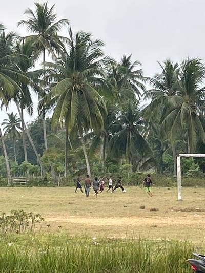 In Keudearon, Indonesia, a group of boys is playing soccer on a grassy field lined with numerous tall palm trees. The sky is overcast, suggesting a cloudy day. The field appears dry and somewhat uneven, with sparse patches of vegetation. In the background, a white soccer goal is visible. The boys are dressed in casual clothing, and their activity suggests a spontaneous game. One boy is actively kicking the ball, while others are positioned around the field, participating in the game. The scene conveys a sense of casual recreation in a tropical environment.